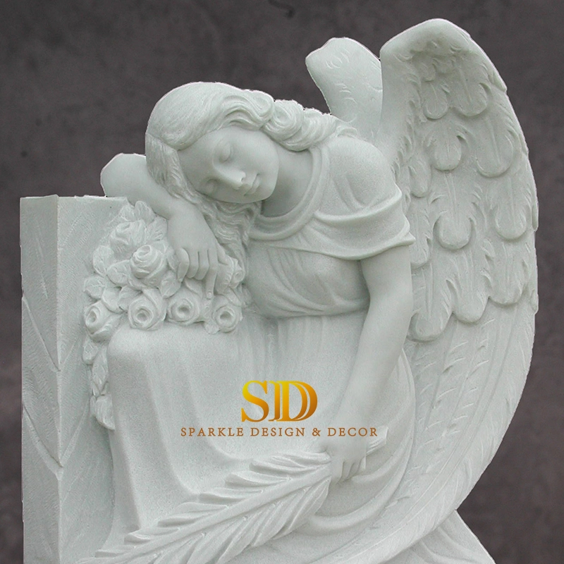 Customized Hand Carving Standing White Marble Angel Tombstone Statue Angel Gravestone for Sale